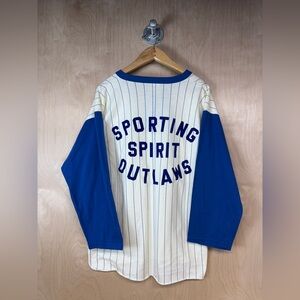 Vintage Pinstripe Baseball Jersey Blue and White 3/4 Long Sleeve Shirt